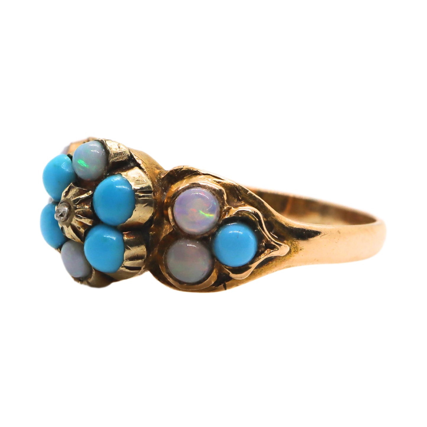 Victorian Diamond Turquoise Opal 18k Yellow Gold Forget Me Not Ring