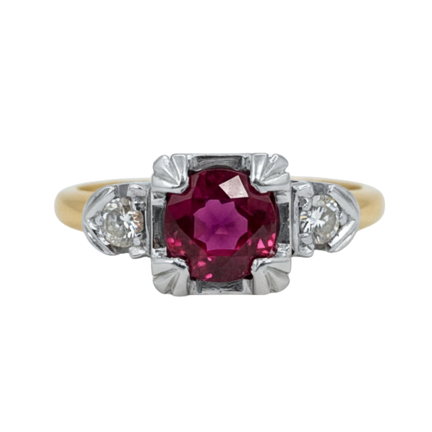 Mid Century Ruby Diamond 14k Two Tone Ring