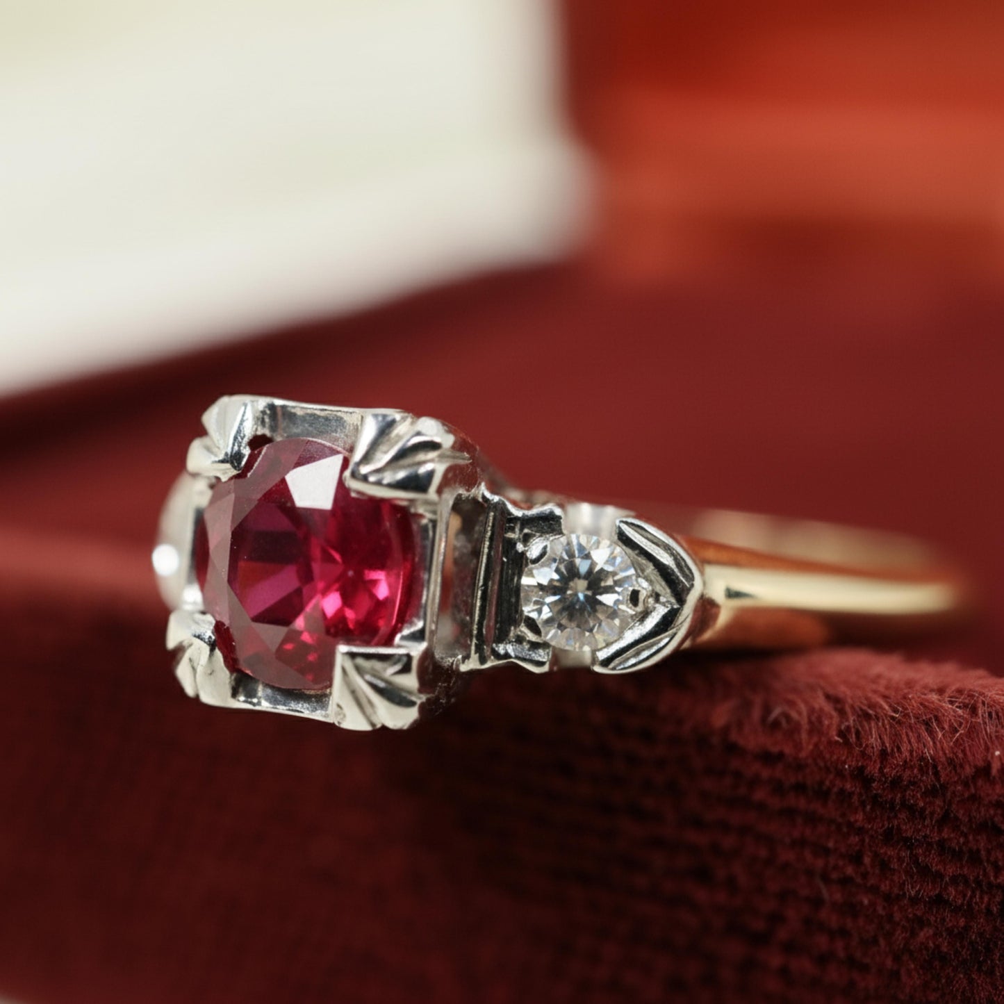 Mid Century Ruby Diamond 14k Two Tone Ring