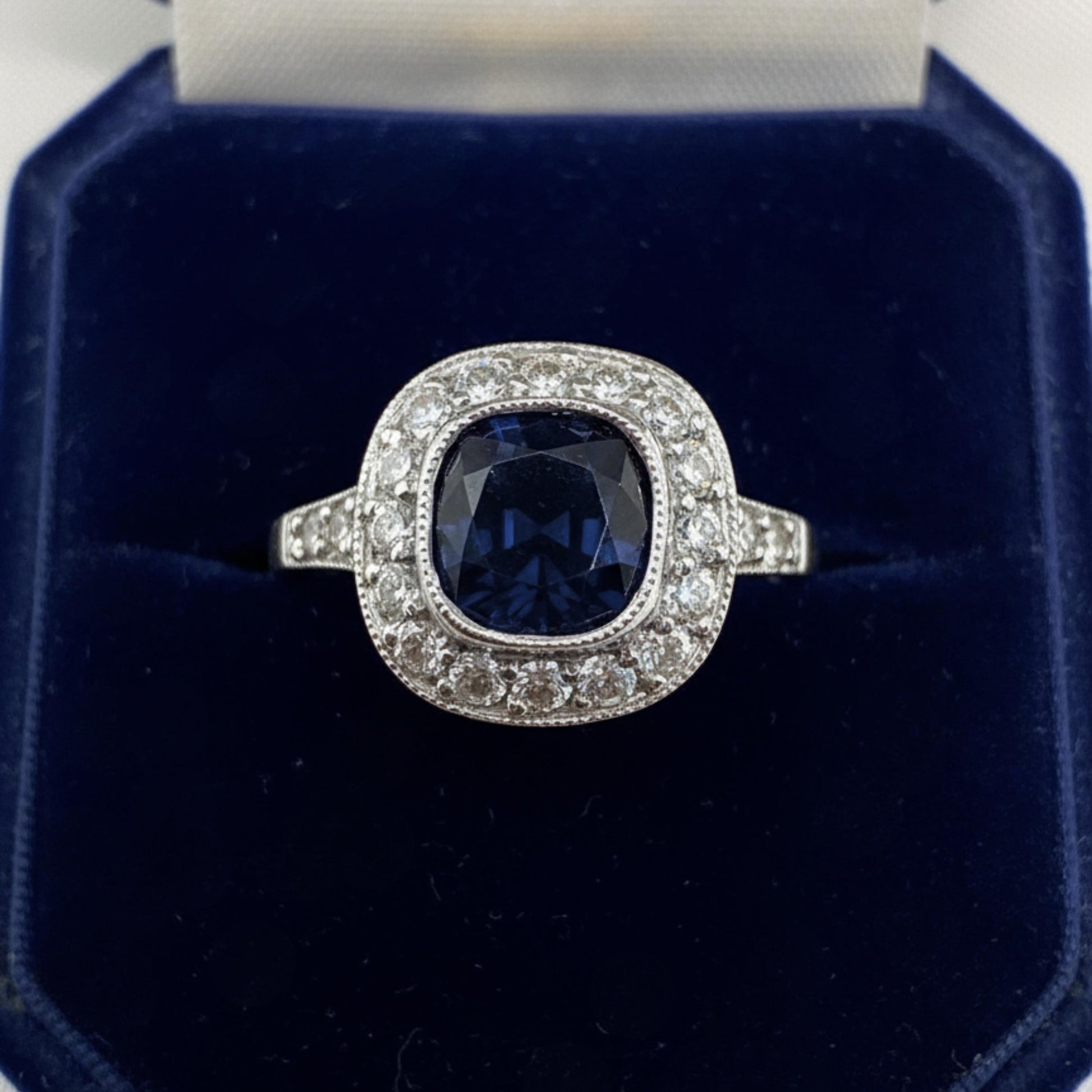 Art Deco Inspired GIA Cambodian No Heat Sapphire Diamond Platinum Ring