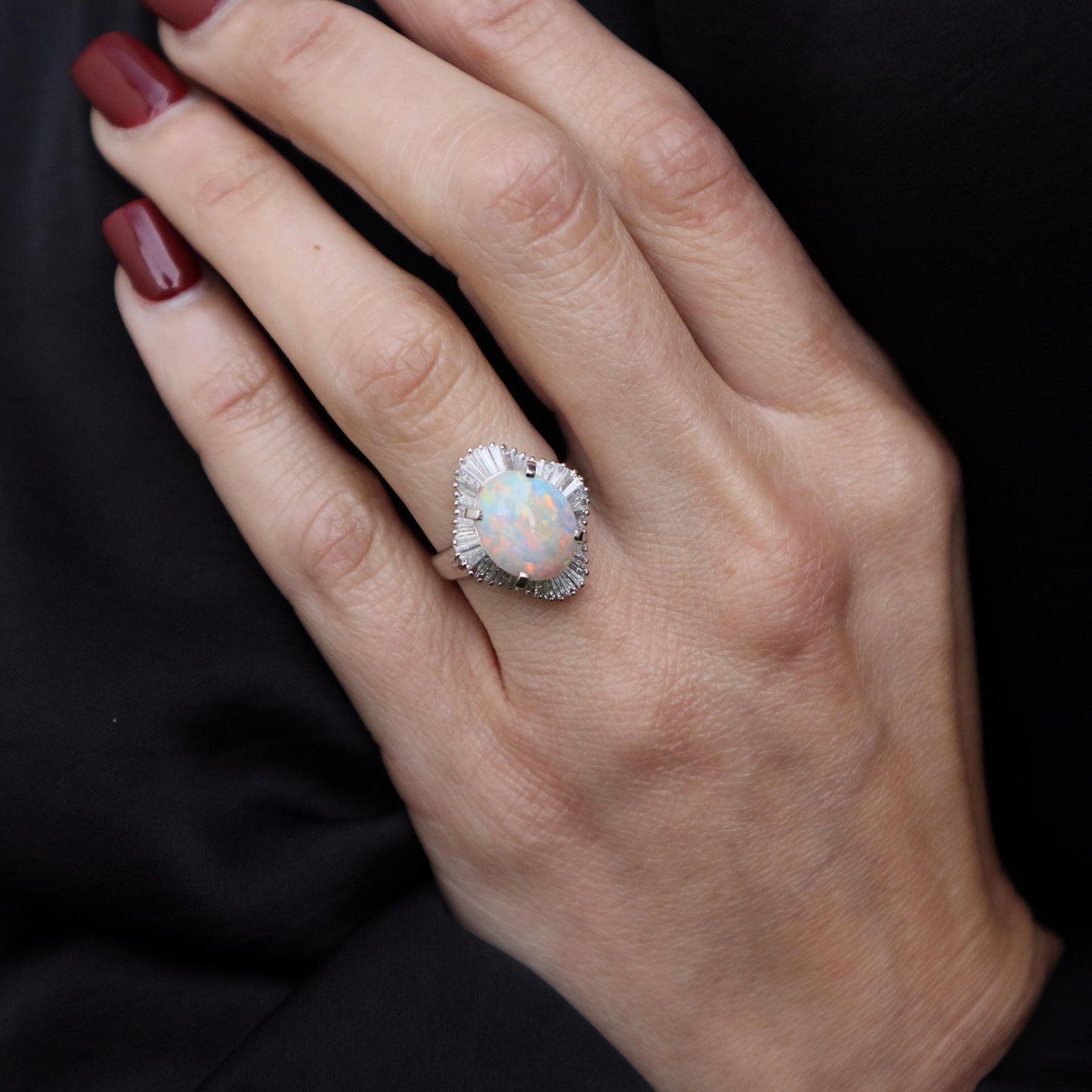Vintage Opal Diamond Platinum Ballerina Ring