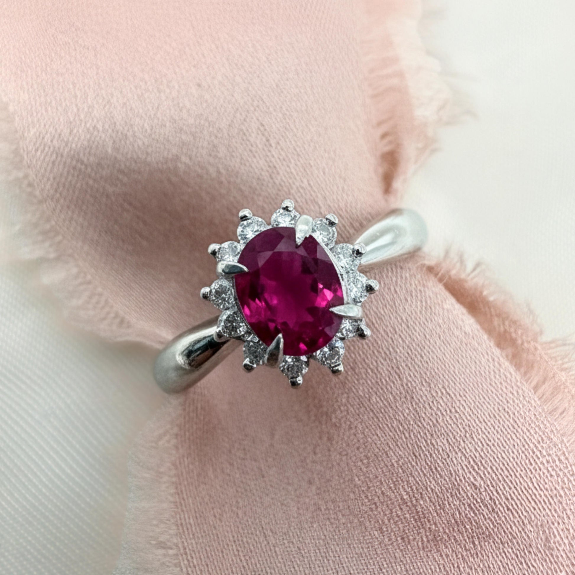 Vintage Ruby Diamond Platinum Halo Ring