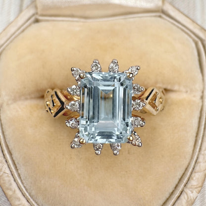 Vintage Aquamarine Diamond 14k Yellow Gold Ring