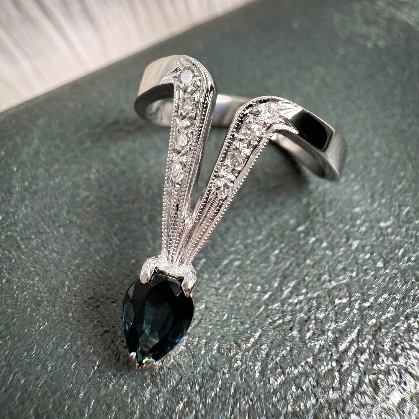 Vintage Sapphire Diamond 14k White Gold Deep V Ring