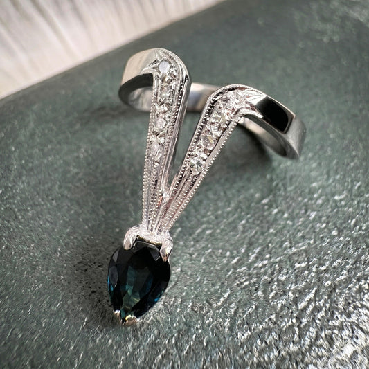 Vintage Sapphire Diamond 14k White Gold Deep V Ring