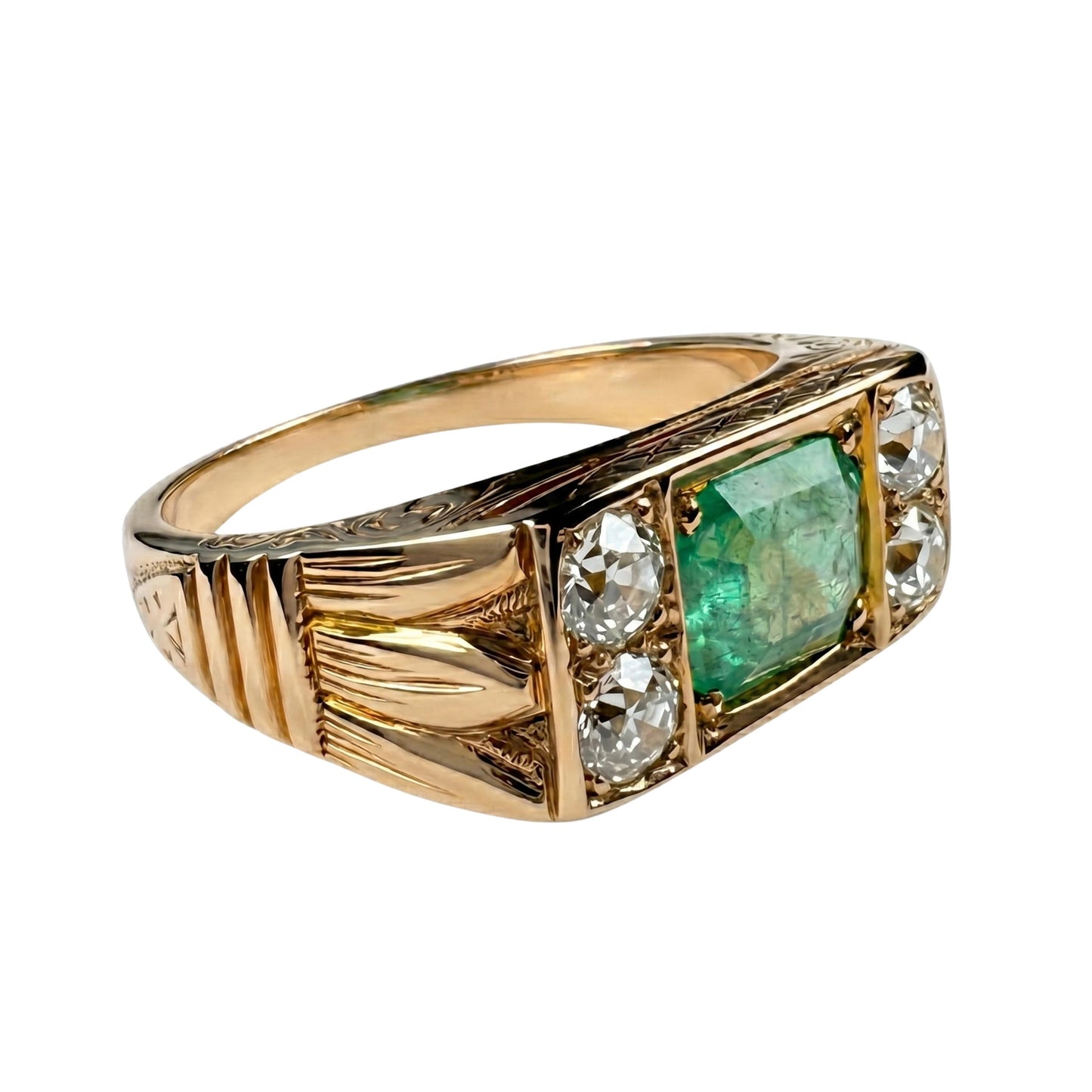 Antique Emerald Diamond 14k Yellow Gold Ring