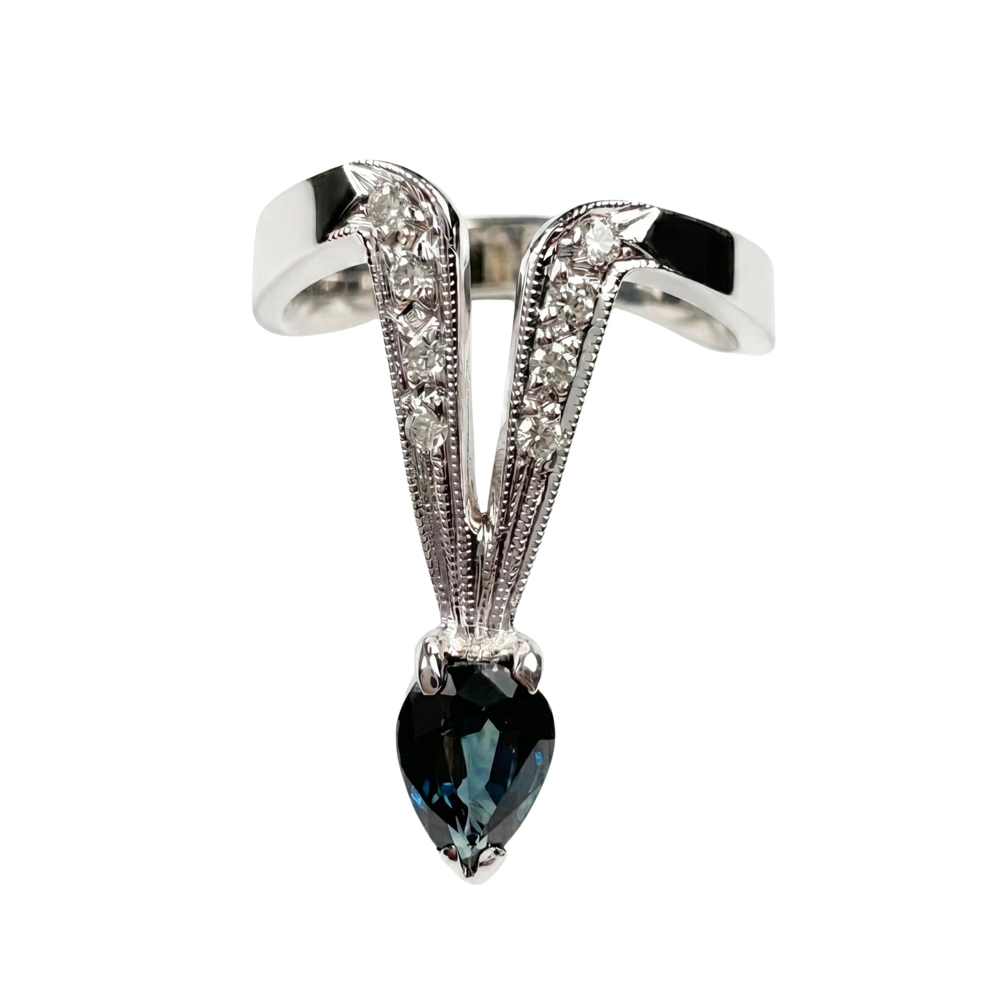 Vintage Sapphire Diamond 14k White Gold Deep V Ring