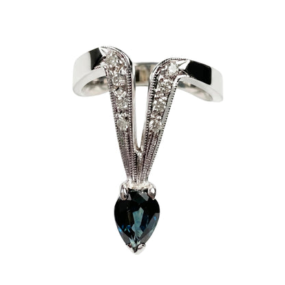 Vintage Sapphire Diamond 14k White Gold Deep V Ring