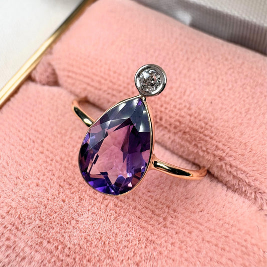 Victorian Amethyst Diamond 14k Yellow Gold Stick Pin Ring