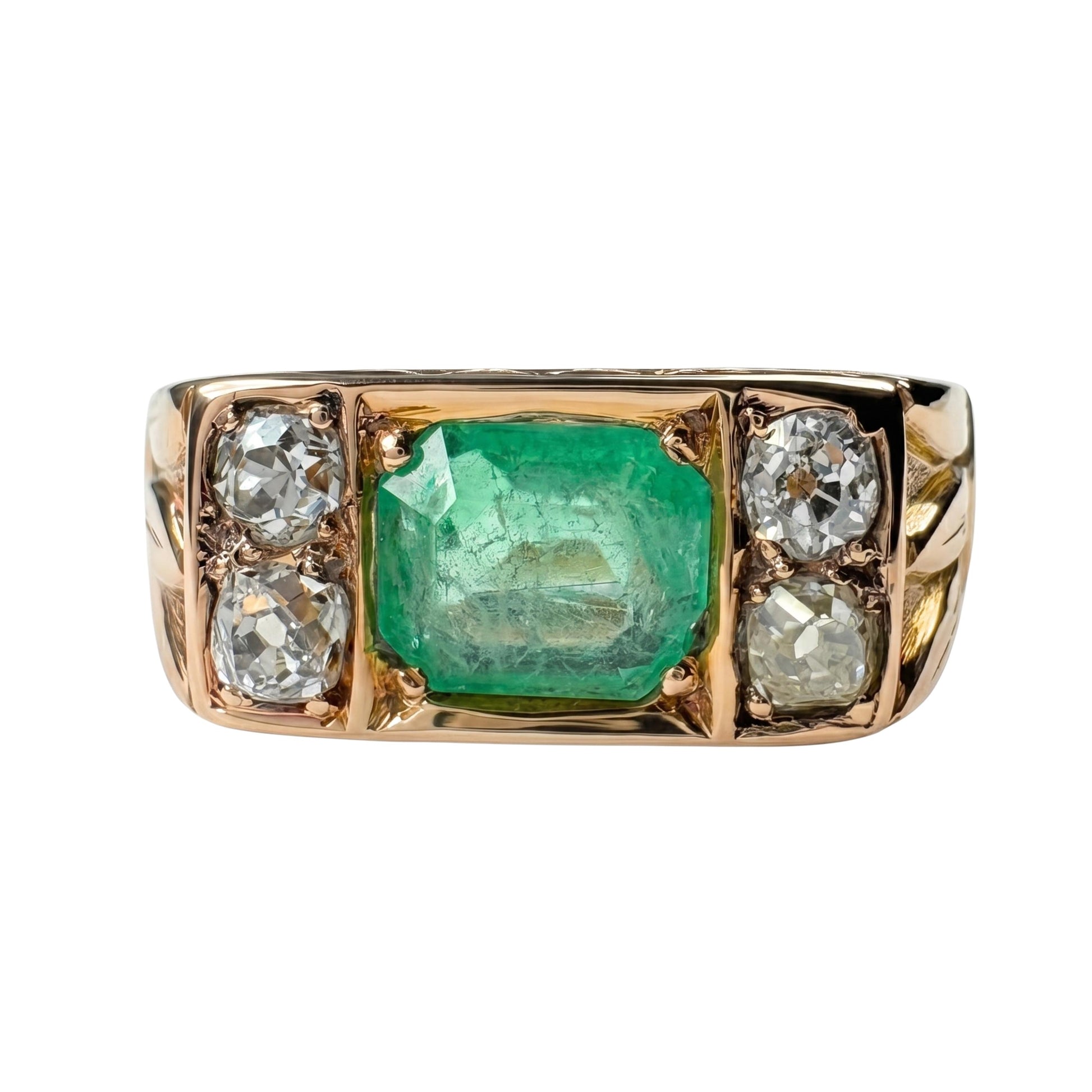 Antique Emerald Diamond 14k Yellow Gold Ring