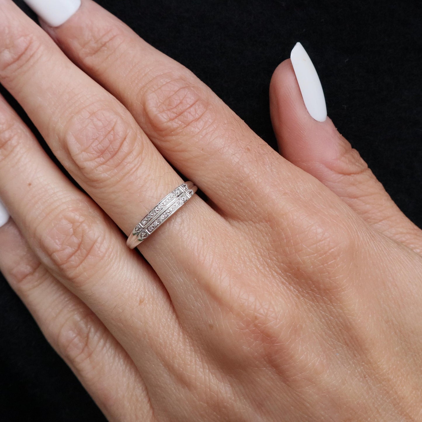 Art Deco Diamond 14k White Gold Double Band Ring