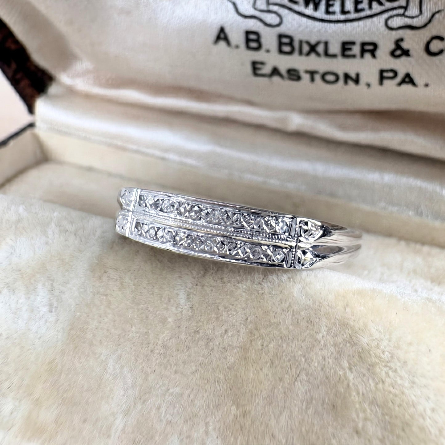 Art Deco Diamond 14k White Gold Double Band Ring