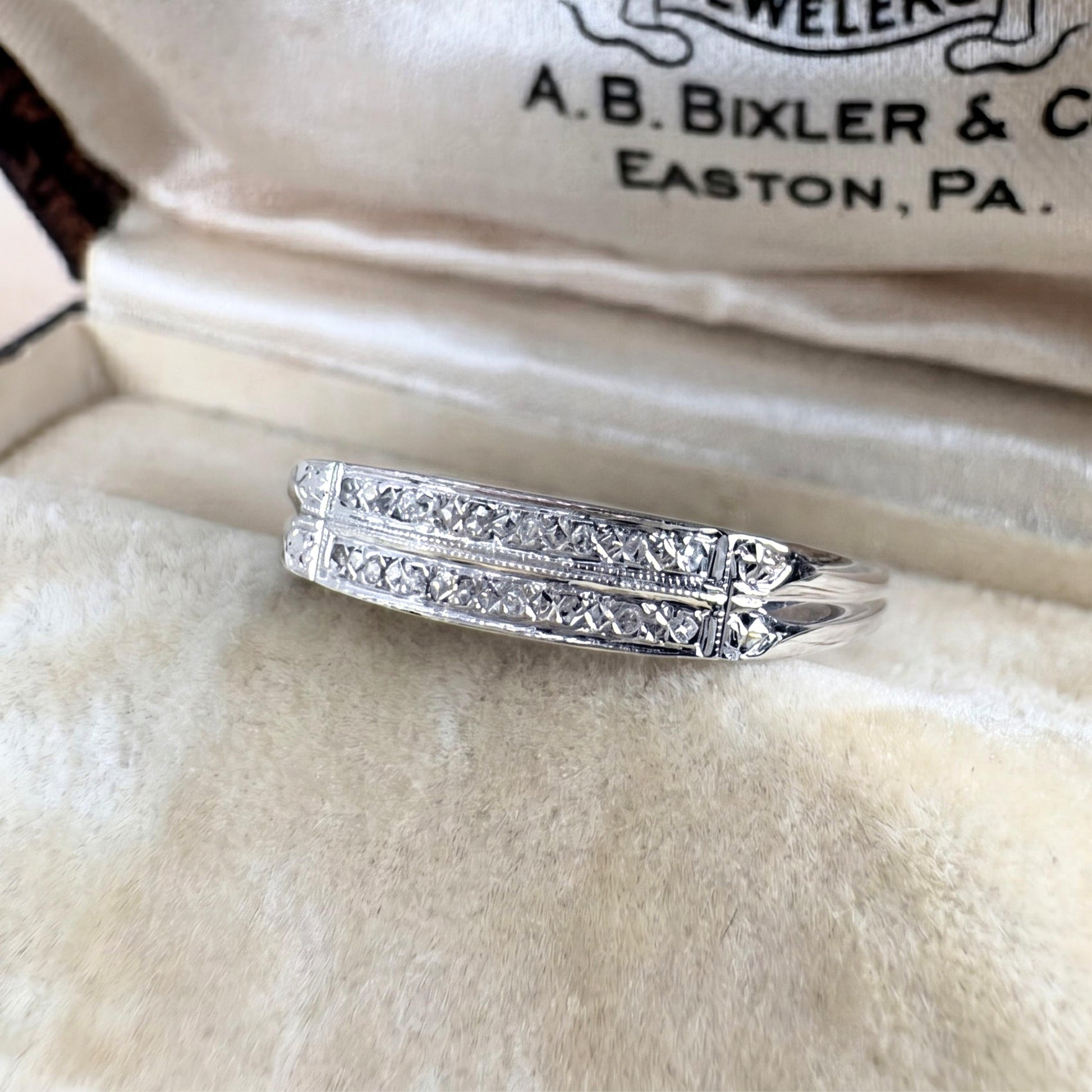 Art Deco Diamond 14k White Gold Double Band Ring