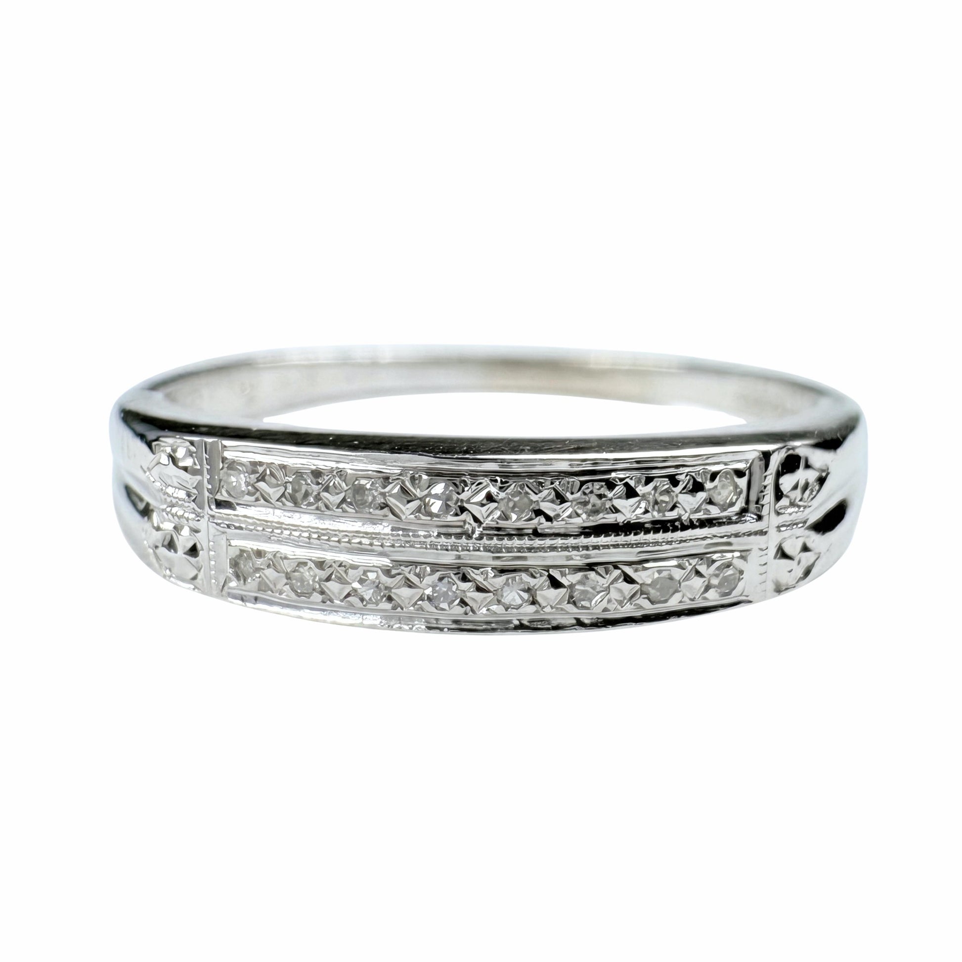 Art Deco Diamond 14k White Gold Double Band Ring
