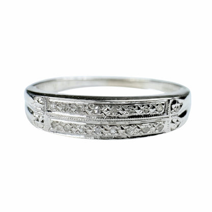 Art Deco Diamond 14k White Gold Double Band Ring