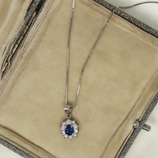 Vintage Sapphire Diamond Platinum Halo Pendant Necklace