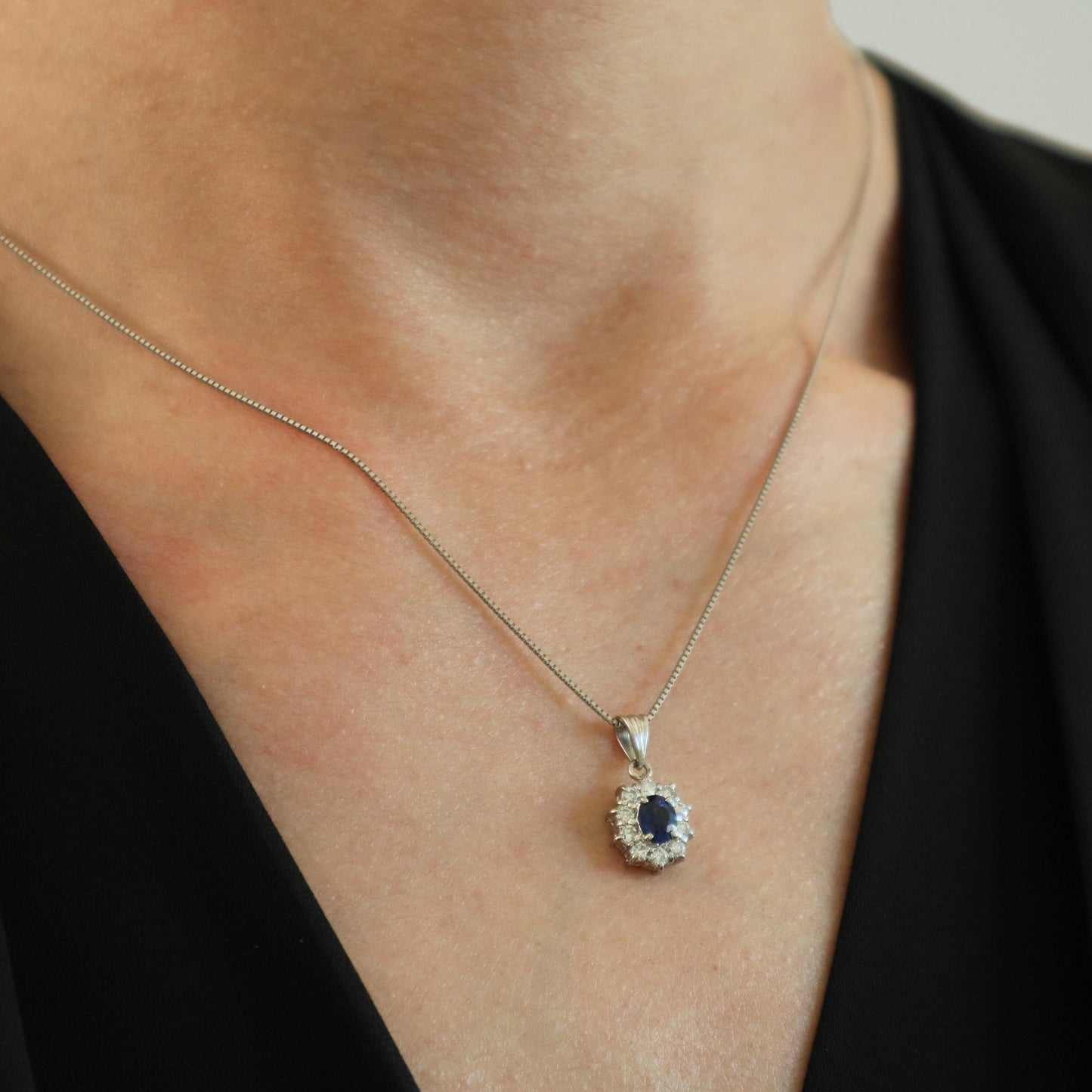 Vintage Sapphire Diamond Platinum Halo Pendant Necklace