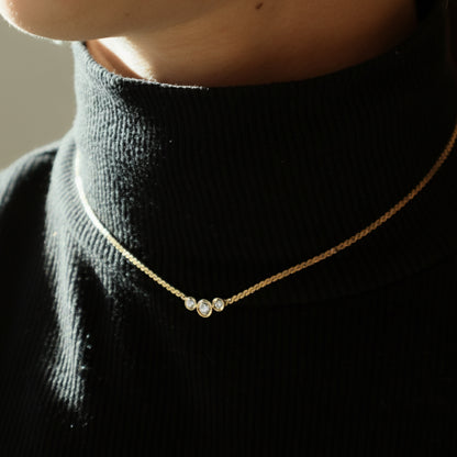 Vintage Diamond 14k Yellow Gold Three Stone Bezel Necklace