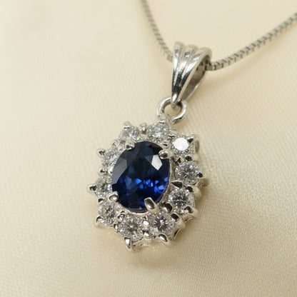 Vintage Sapphire Diamond Platinum Halo Pendant Necklace