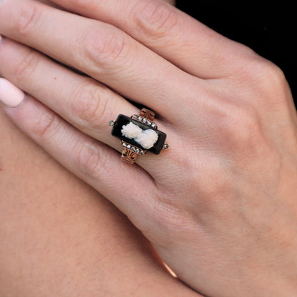 Victorian Onyx Diamond 14k Rose Gold Cameo Ring