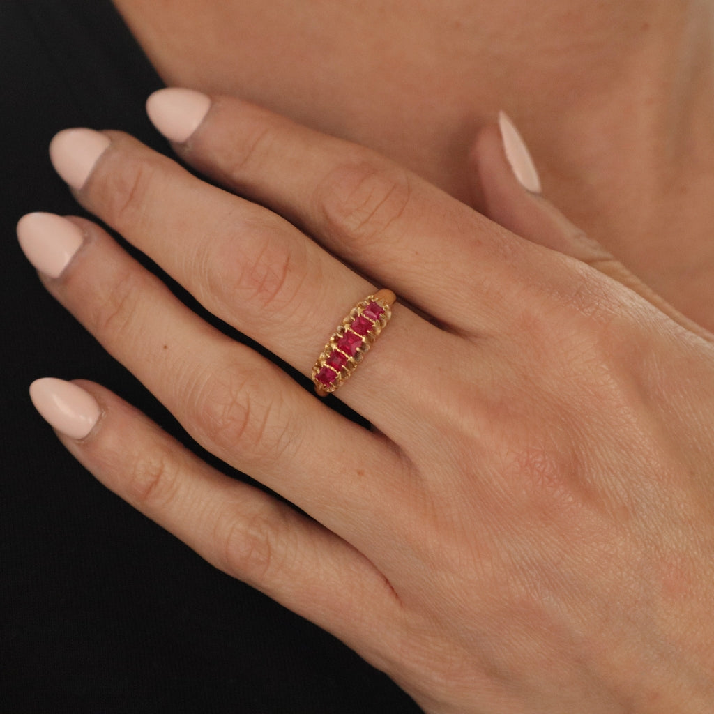 Antique English Ruby 18k Yellow Gold Five Stone Ring