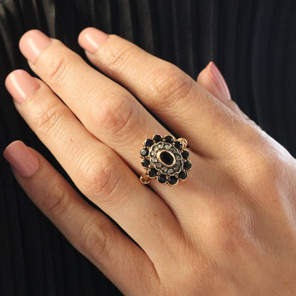 Victorian Revival Sapphire Diamond 18k Silver Cluster Ring