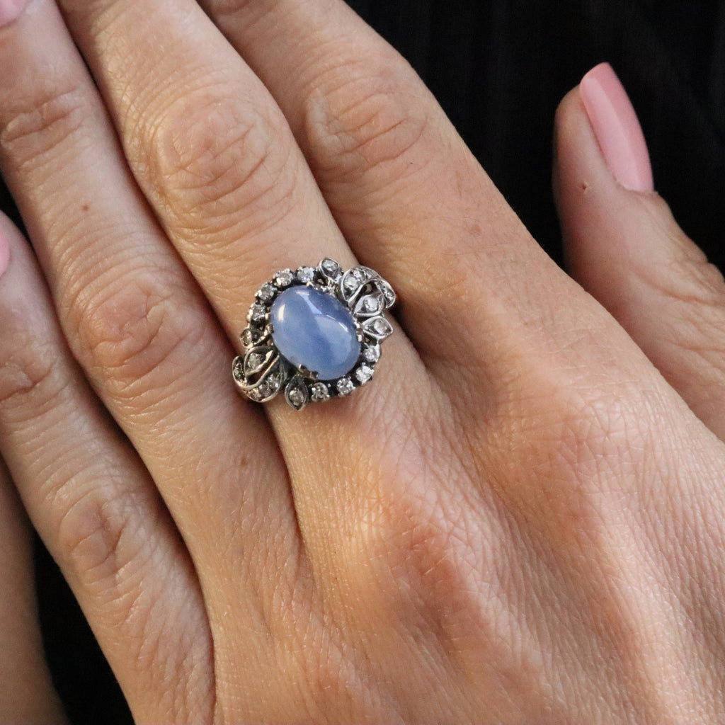 Art Deco Star Sapphire Diamond 14k Silver Ring