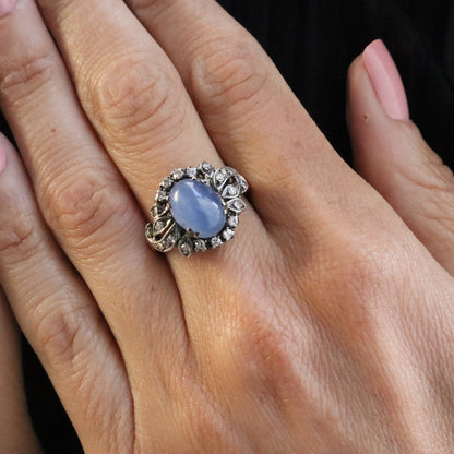 Art Deco Star Sapphire Diamond 14k Silver Ring