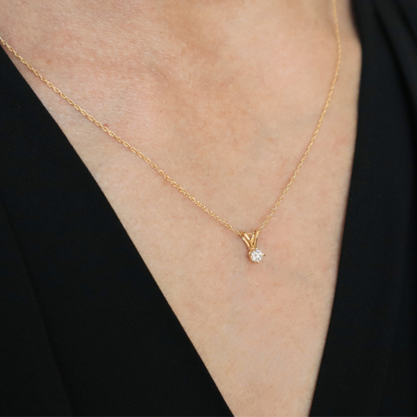 Vintage Diamond 14k Yellow Gold Solitaire Pendant Necklace