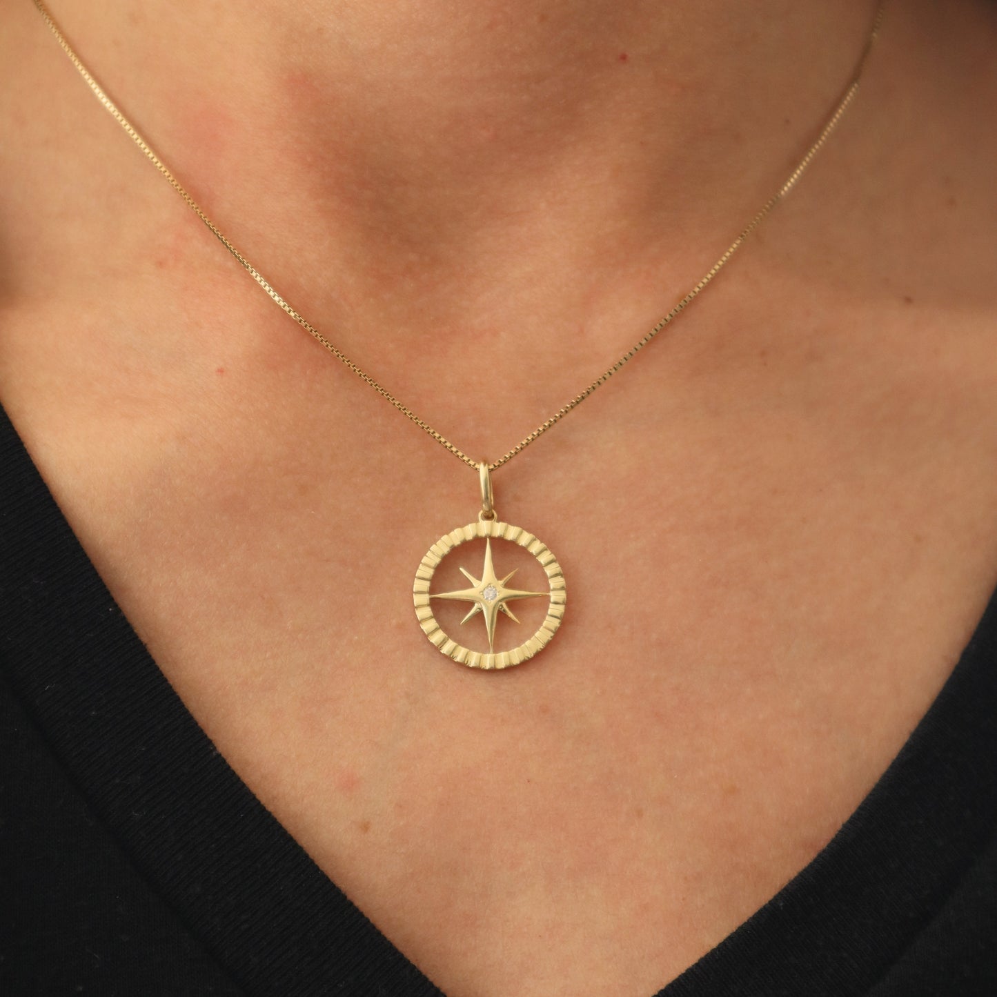 Contemporary Diamond 14k Yellow Gold Compass Pendant