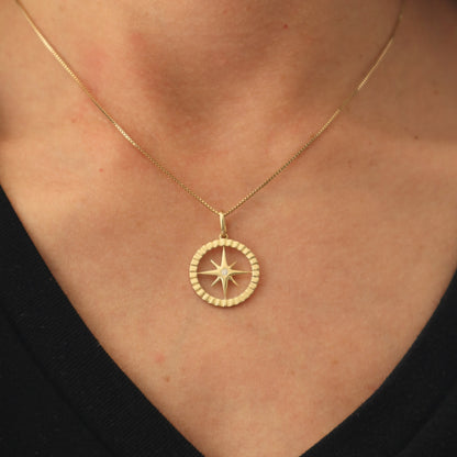 Contemporary Diamond 14k Yellow Gold Compass Pendant