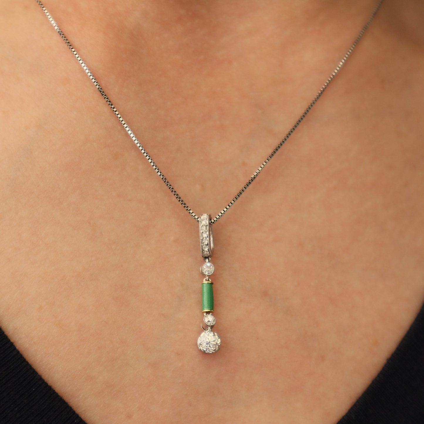 Antique Diamond Green Enamel Platinum Enhancer Pendant