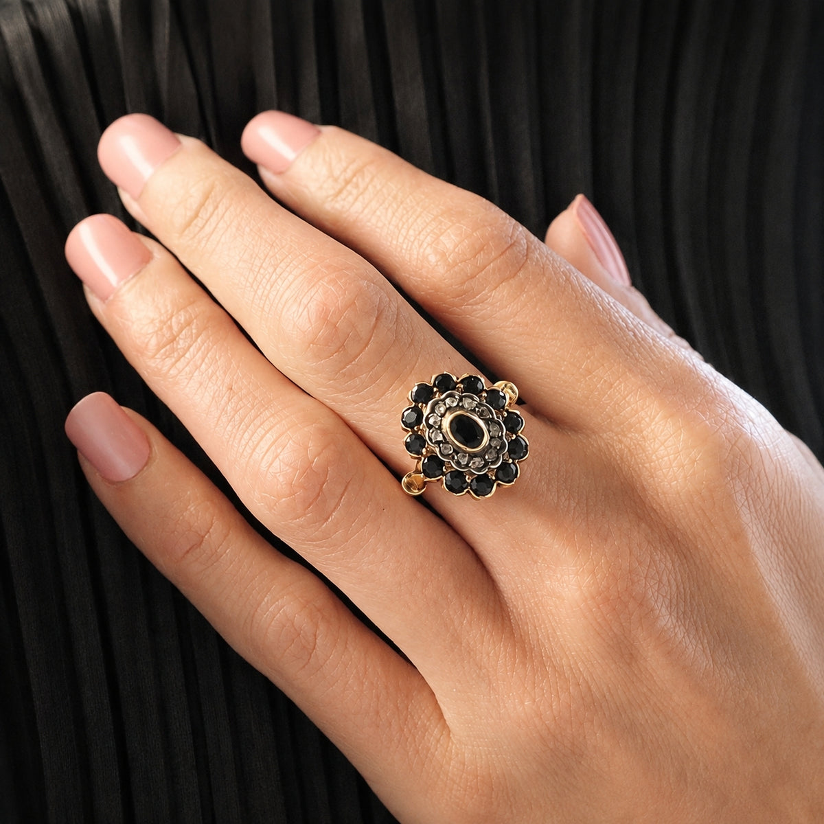 Victorian Revival Sapphire Diamond 18k Silver Cluster Ring
