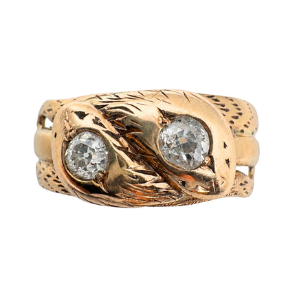 Victorian Austro-Hungarian Diamond 14k Antique Gold Double Snake Ring