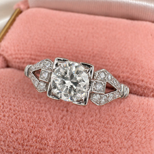 Art Deco 0.50 Carat Old European Cut Diamond 18k White Gold Ring