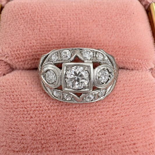 Art Deco Diamond 0.75 Carat Total Weight 14k White Gold Ring