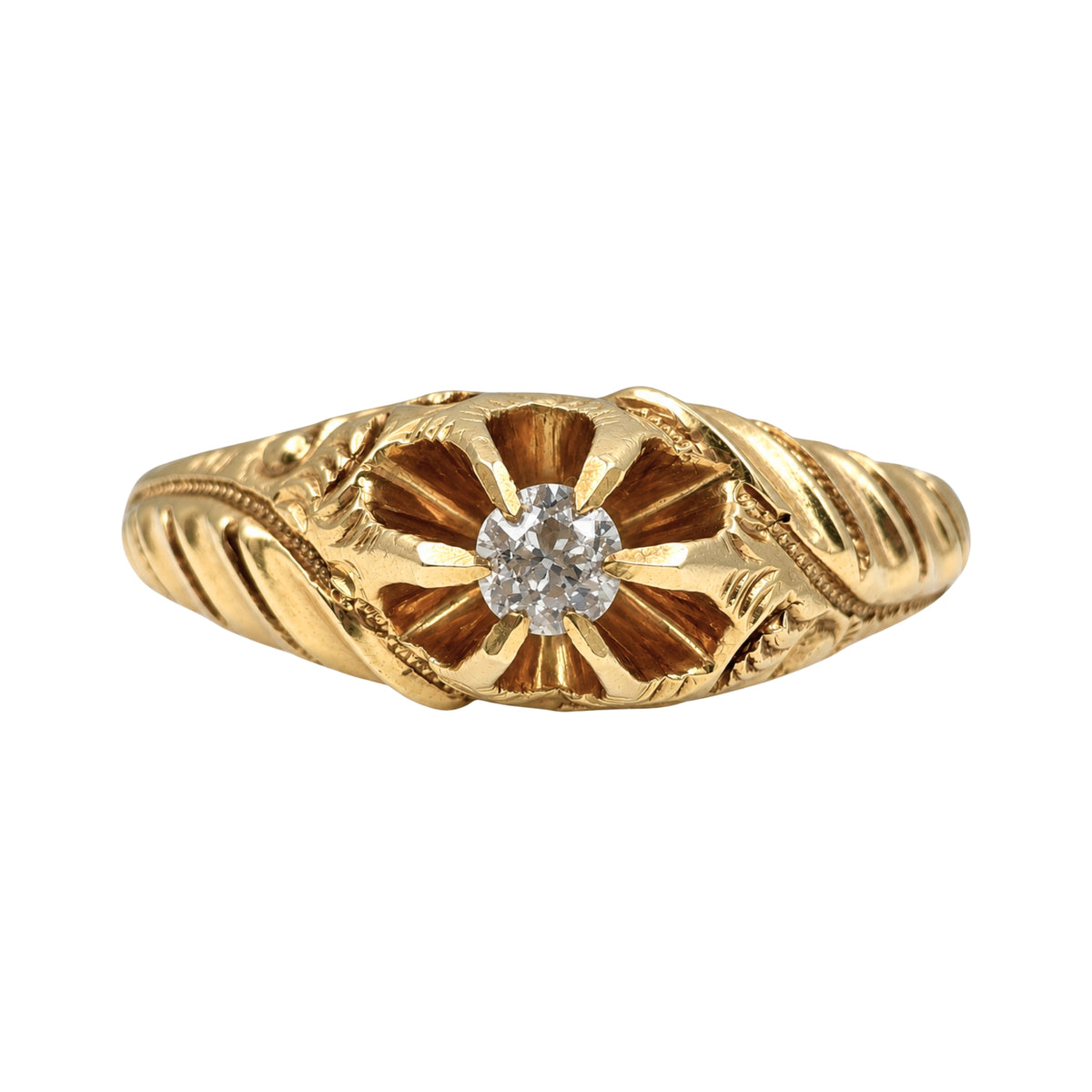 Antique Diamond 14k Yellow Gold Engraved Belcher Ring