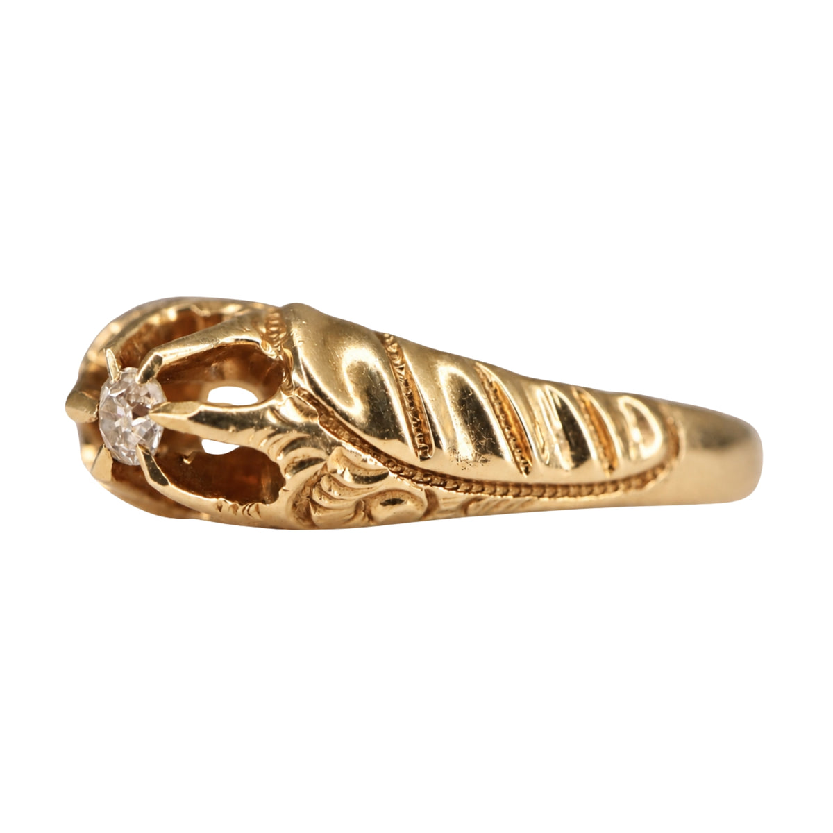 Antique Diamond 14k Yellow Gold Engraved Belcher Ring