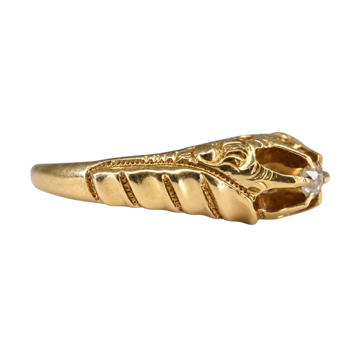 Antique Diamond 14k Yellow Gold Engraved Belcher Ring