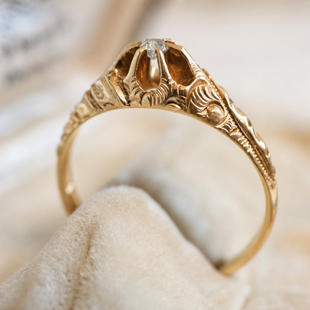 Antique Diamond 14k Yellow Gold Engraved Belcher Ring
