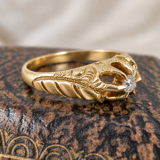 Antique Diamond 14k Yellow Gold Engraved Belcher Ring