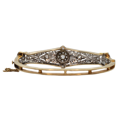 Art Deco Diamond 14k Gold Platinum Hinged Bangle