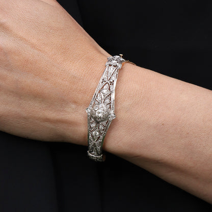 Art Deco Diamond 14k Gold Platinum Hinged Bangle