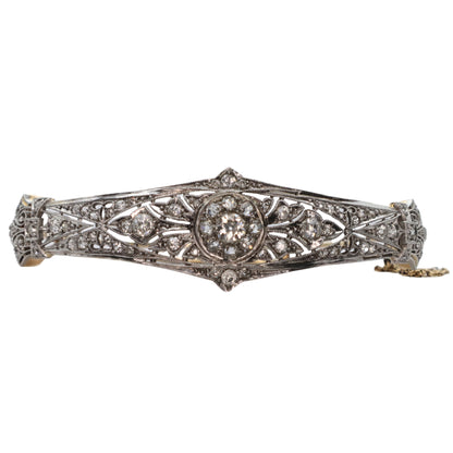 Art Deco Diamond 14k Gold Platinum Hinged Bangle