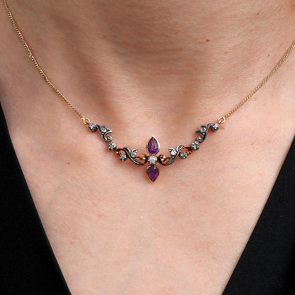 Antique Amethyst Diamond 14k Yellow Gold Silver Necklace