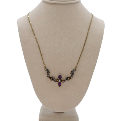 Antique Amethyst Diamond 14k Yellow Gold Silver Necklace