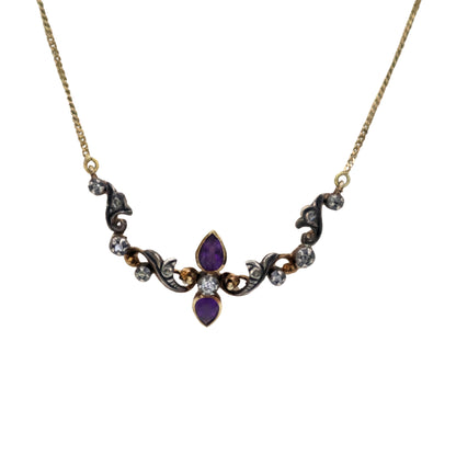 Antique Amethyst Diamond 14k Yellow Gold Silver Necklace