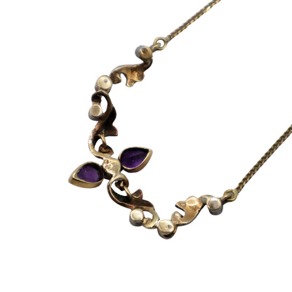 Antique Amethyst Diamond 14k Yellow Gold Silver Necklace