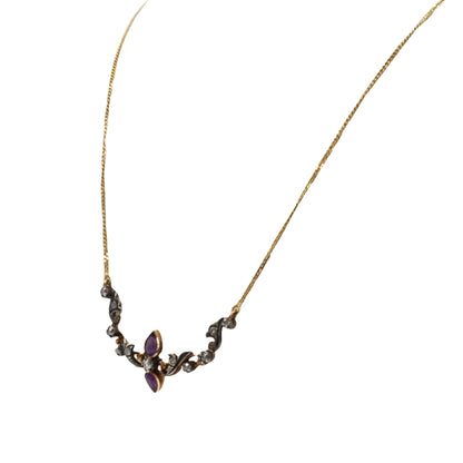 Antique Amethyst Diamond 14k Yellow Gold Silver Necklace