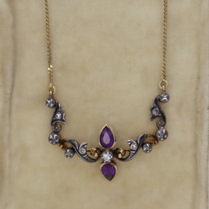 Antique Amethyst Diamond 14k Yellow Gold Silver Necklace